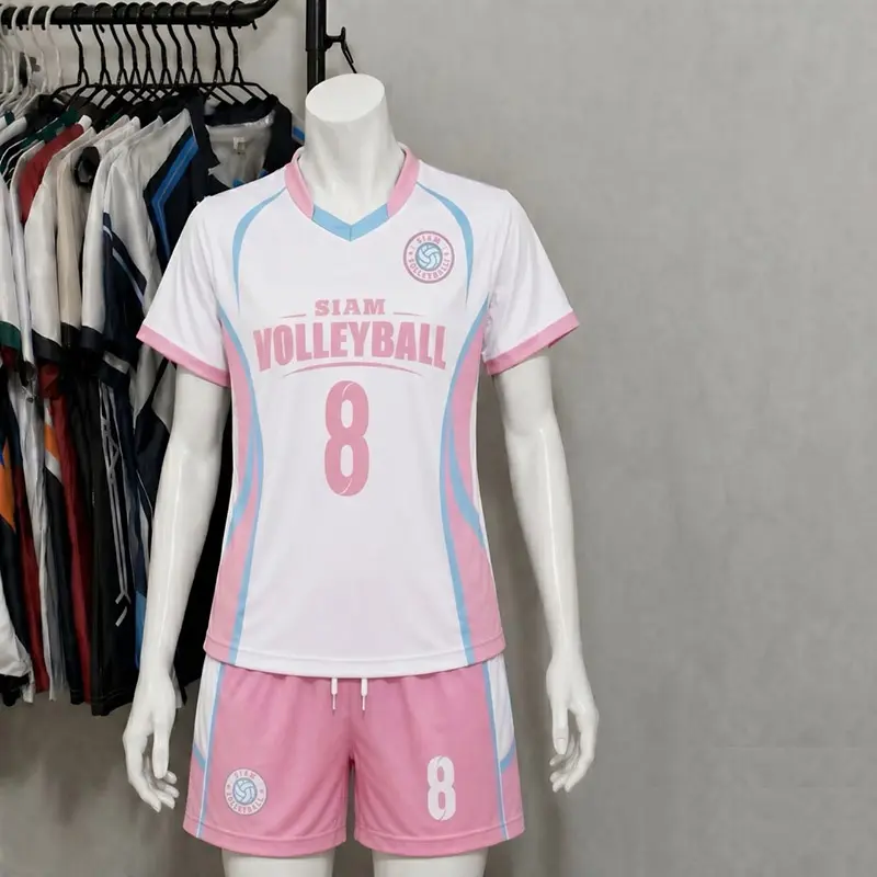 Pink and white school volleyball uniform with crest and number 8