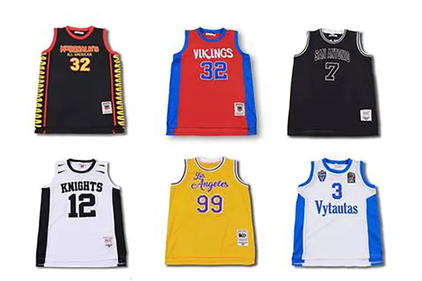 Six sleeveless basketball jersey styles with different colors and numbers